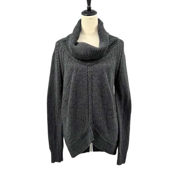 LOFT Charcoal Gray Wool Blend Open Knit Cowl Neck Asymmetrical Hem Sweater - Picture 1 of 11